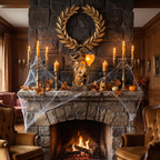Medusa Table Lamp, Gold on a Halloween mantel
