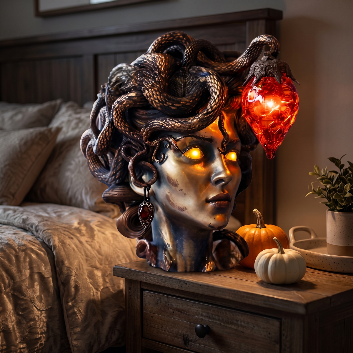 Gothic Medusa Table Lamp, Silver on a nightstand at night