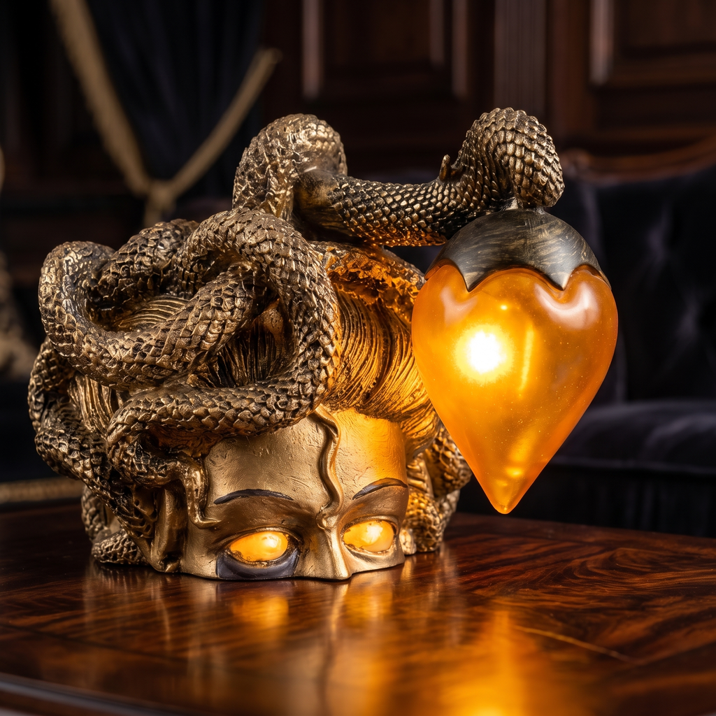 Medusa Table Lamp, Gold close-up of the snake hair and heart bulb