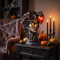 Gothic Medusa Table Lamp, Silver on a side table decorated for Halloween