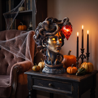 Gothic Medusa Table Lamp, Silver on a side table decorated for Halloween