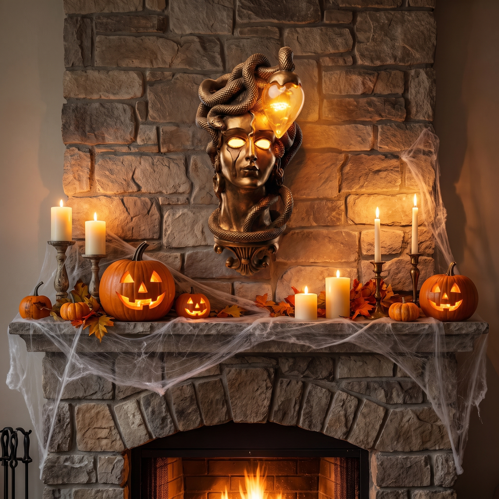 Medusa Wall Lamp, Gold above a Halloween fireplace
