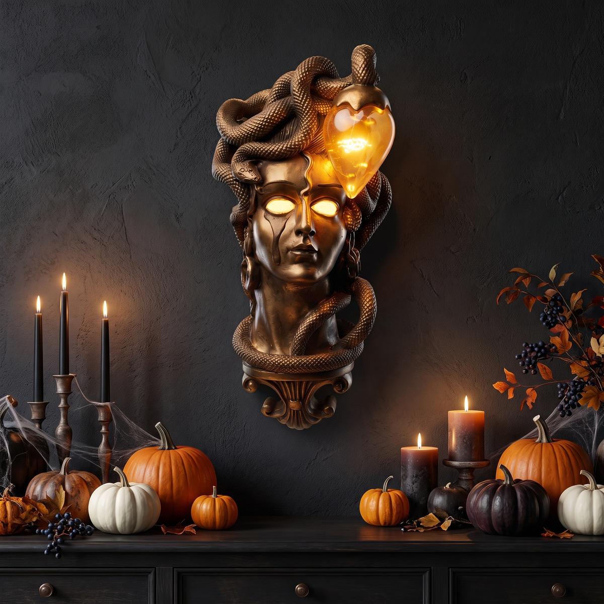Medusa Wall Lamp, Gold mounted above a Halloween console