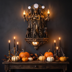 Hecate Triple Goddess Wall Sconce mounted above a Halloween console