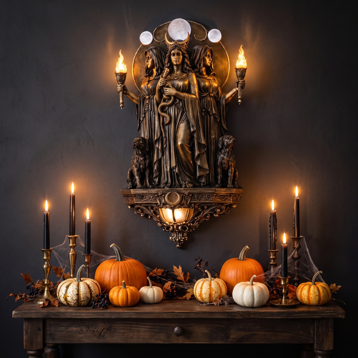 Hecate Triple Goddess Wall Sconce mounted above a Halloween console