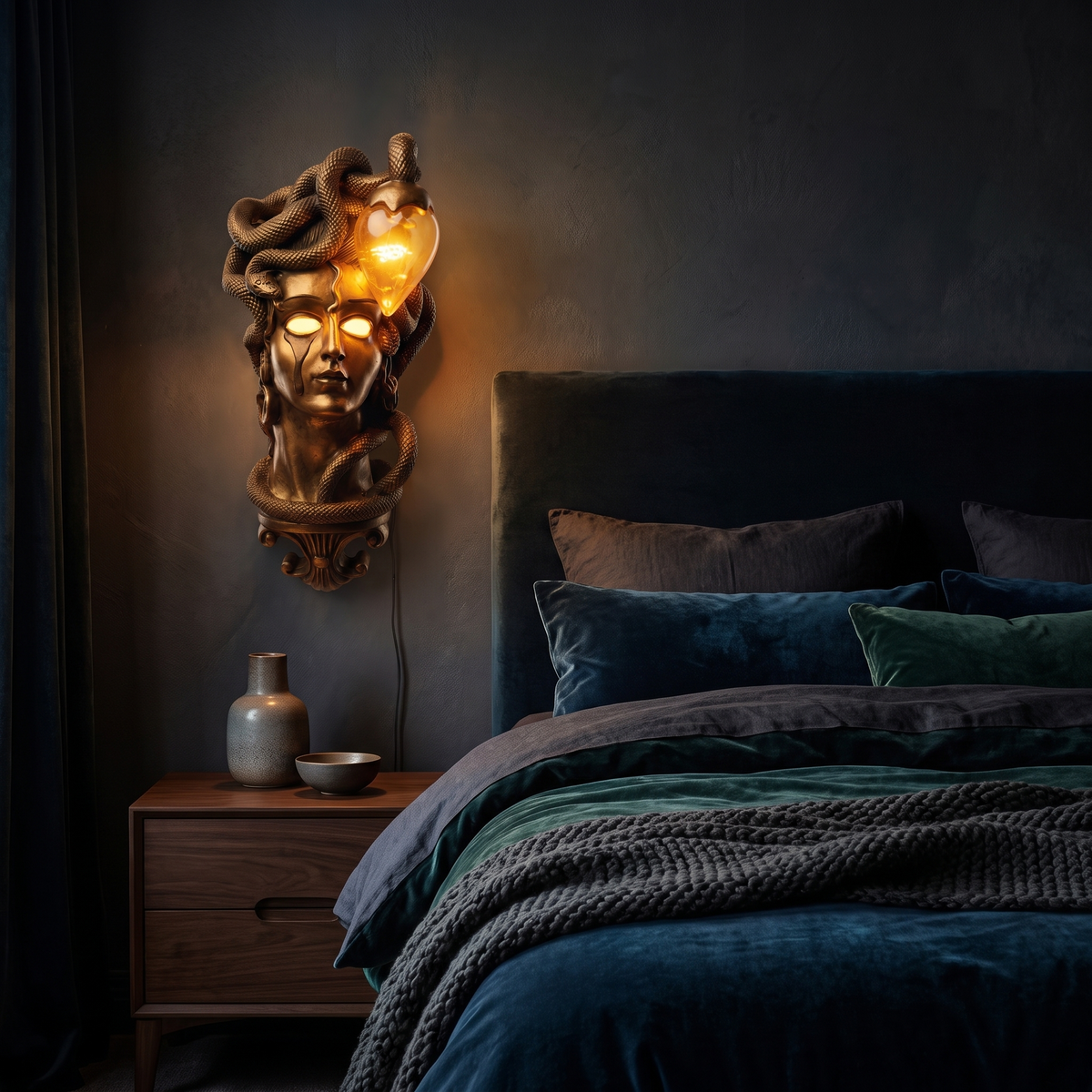 Medusa Wall Lamp, Gold beside a bed at night
