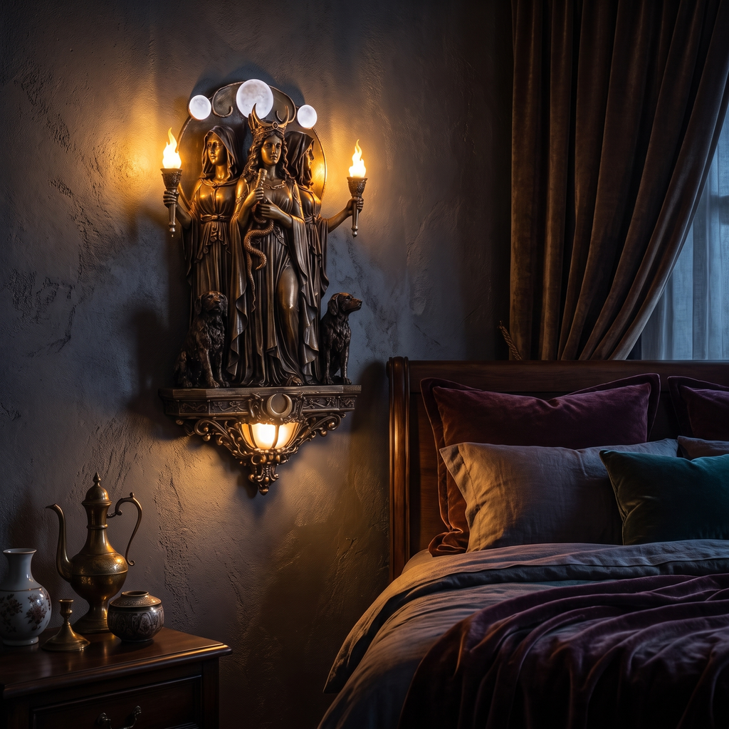 Hecate Triple Goddess Wall Sconce beside a bed at night