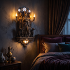 Hecate Triple Goddess Wall Sconce beside a bed at night
