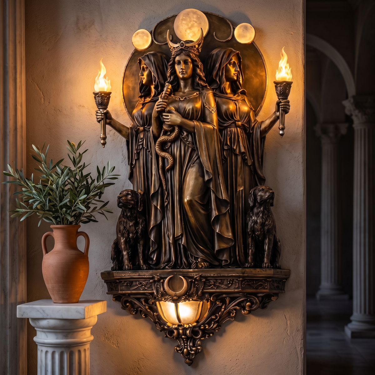 Hecate Triple Goddess Wall Sconce in a hallway with classical Greek decor