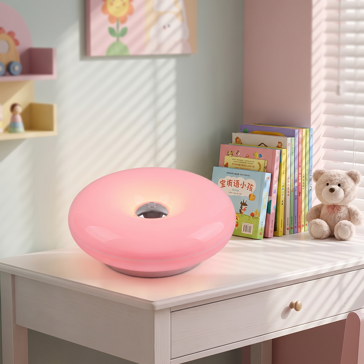 Donut Lamp in Pink on a kids room desk