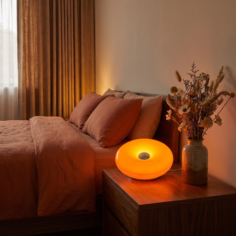 Donut Lamp in Orange on a bedroom nightstand