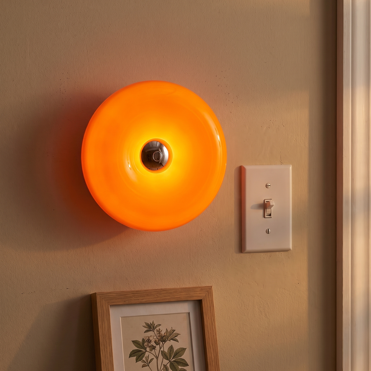 Donut Lamp in Orange mounted on a wall beside a light switch, showing size