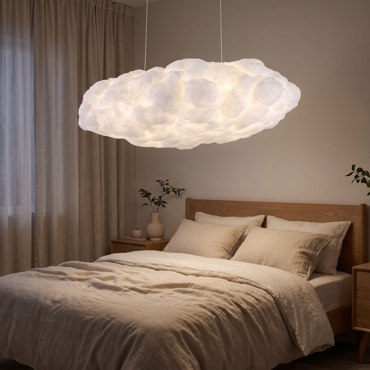 Cotton Cloud Pendant Light above a bed at night