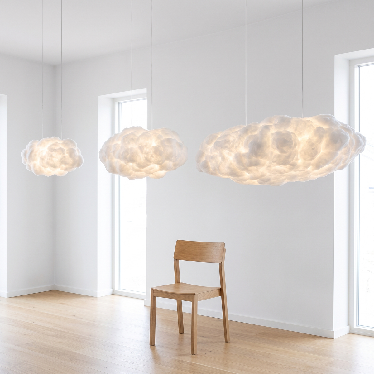 Cotton Cloud Pendant Light in 30, 40 and 50 cm sizes, showing size