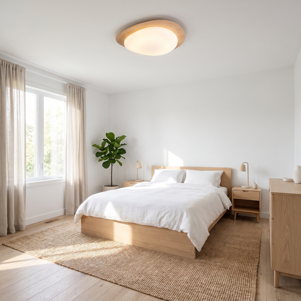 Flush mount ceiling light - Walnut Pebble Flush Mount Ceiling Light in light wood in a Scandinavian bedroom