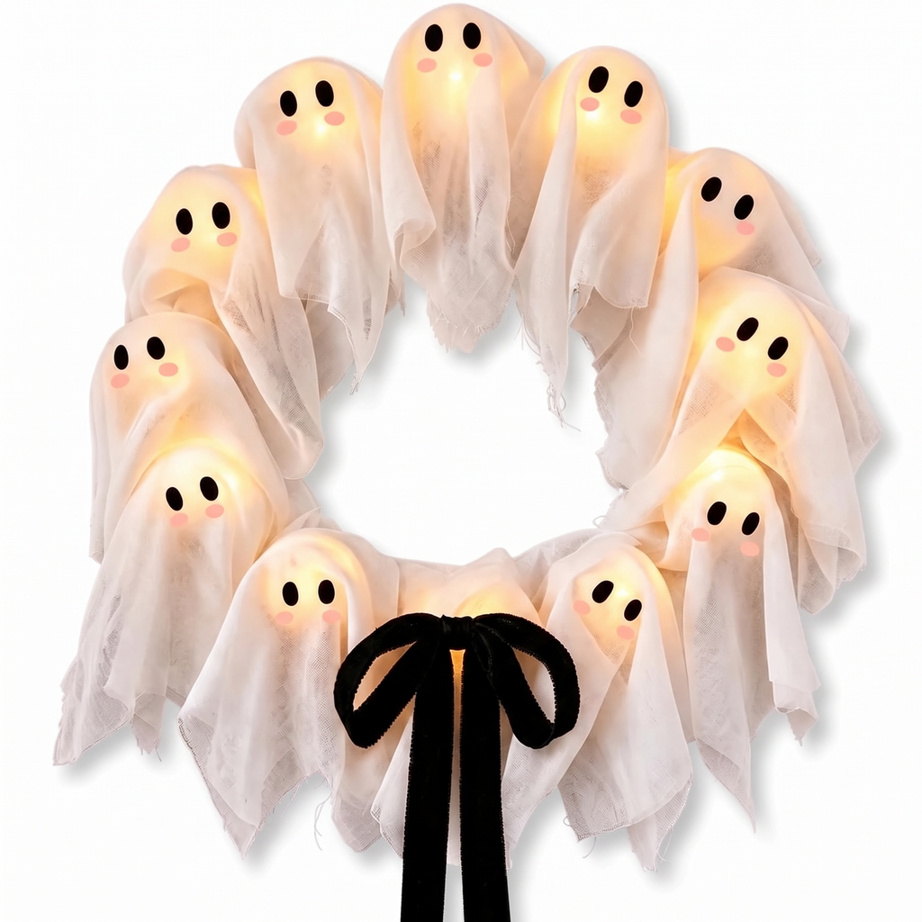 Halloween wreath - Light-Up Ghost Halloween Wreath on white background