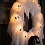 Halloween wreath - Light-Up Ghost Halloween Wreath close-up of the glowing gauze ghosts