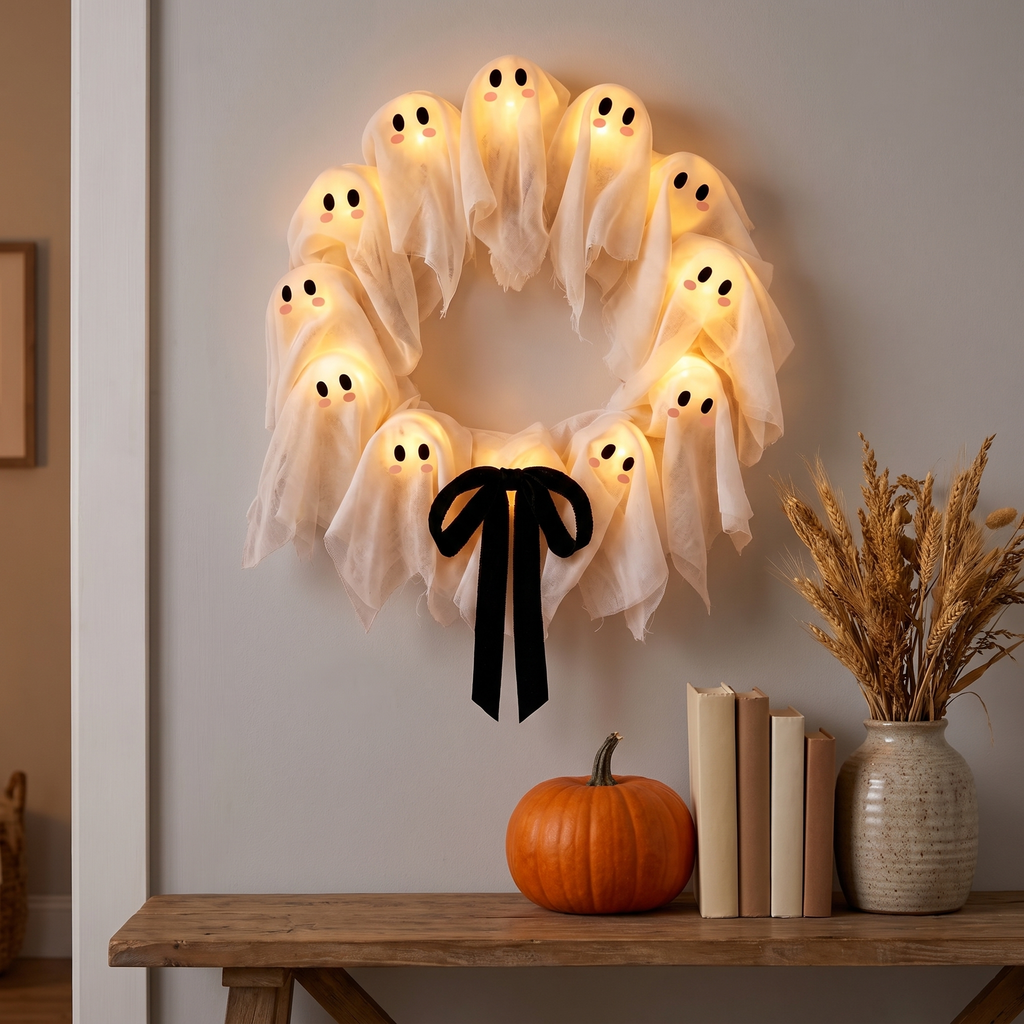 Halloween wreath - Light-Up Ghost Halloween Wreath above an entryway console with a pumpkin for scale, 15.7 in