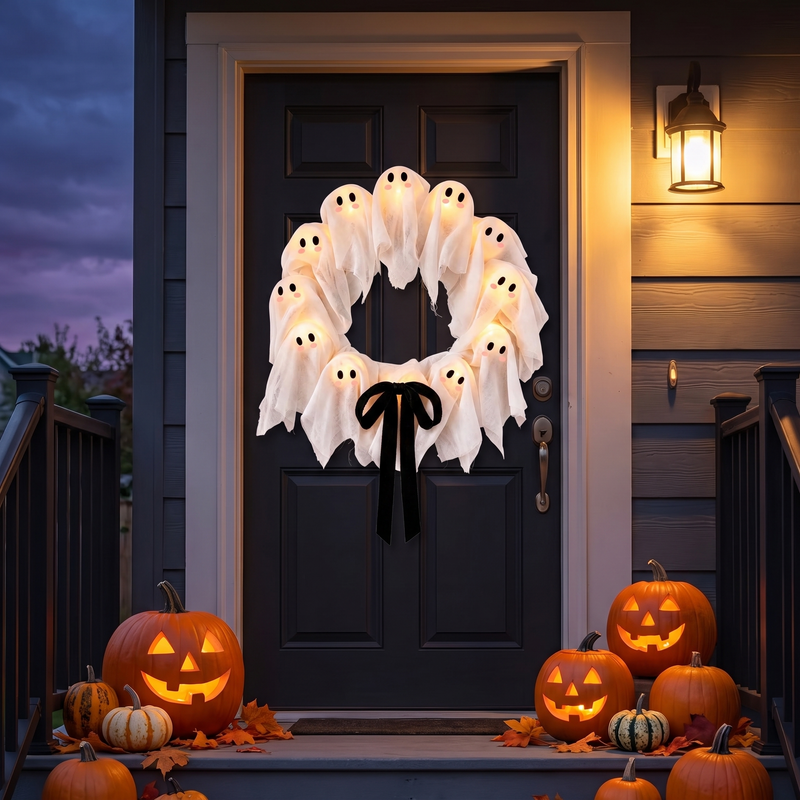 Halloween wreath - Light-Up Ghost Halloween Wreath glowing on a front door at dusk with jack-o-lanterns