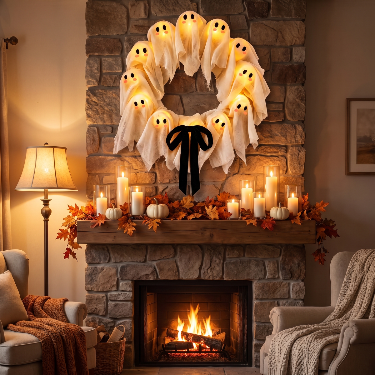 Halloween wreath - Light-Up Ghost Halloween Wreath above a fireplace mantel with candles and pumpkins