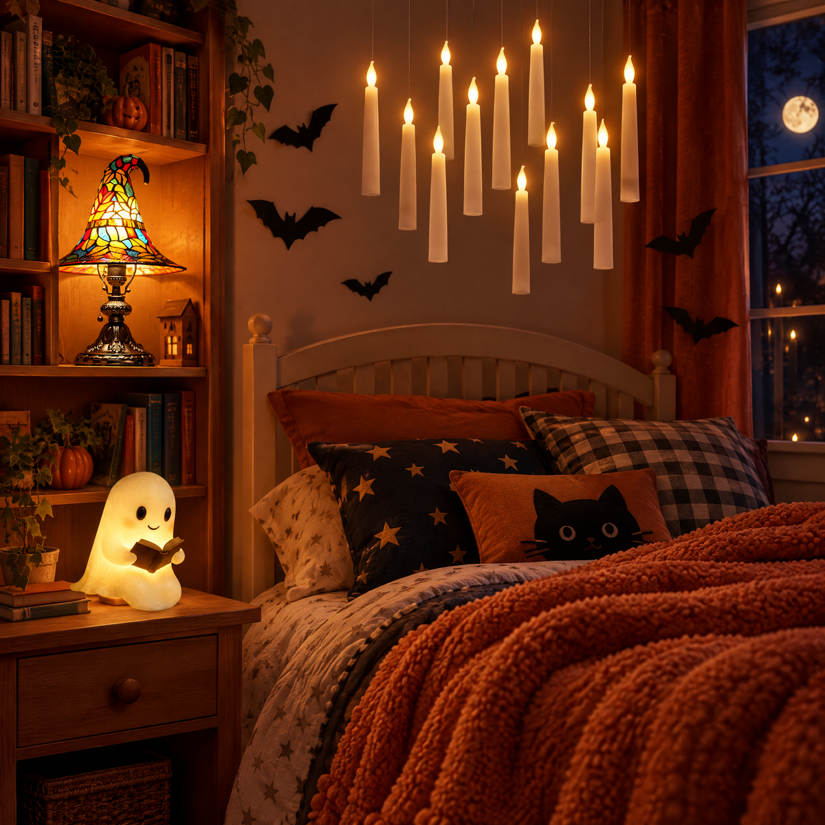 Witchy Night-In Halloween Bundle in a kids bedroom with the ghost night light on the nightstand