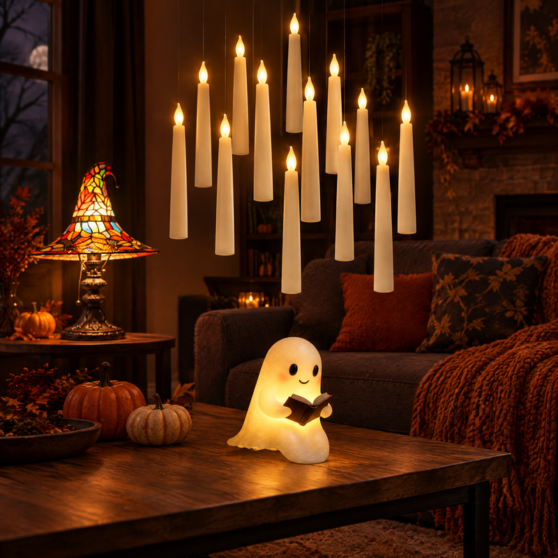 Halloween decorations indoor - Witchy Night-In Halloween Bundle: floating candles, witch hat lamp and ghost night light in a living room