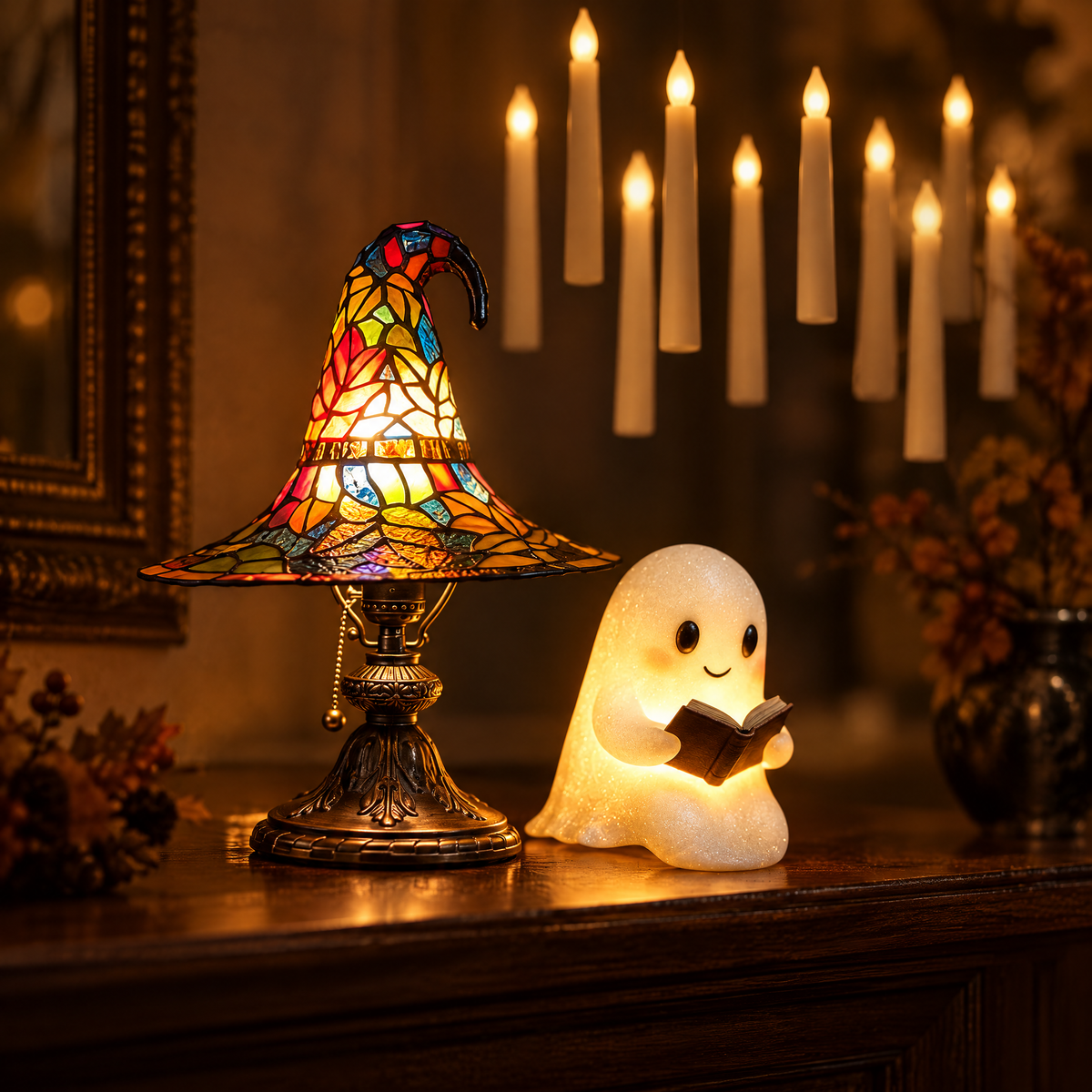 Witchy Night-In Halloween Bundle close-up of the witch hat lamp and ghost on a mantel