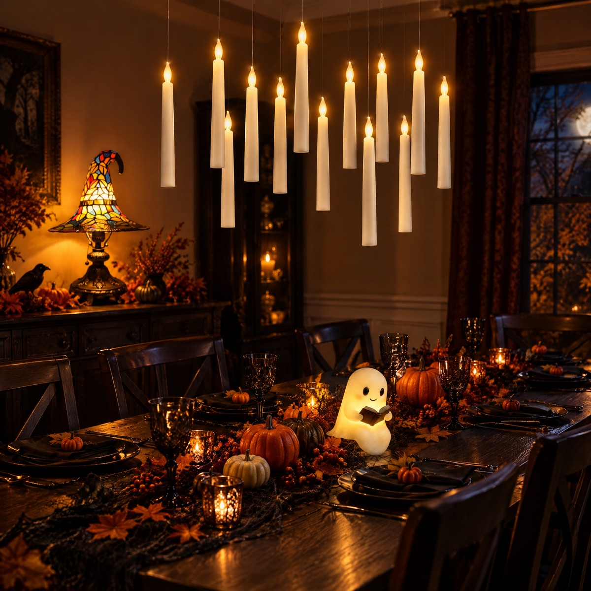 Witchy Night-In Halloween Bundle with floating candles over a Halloween dinner table
