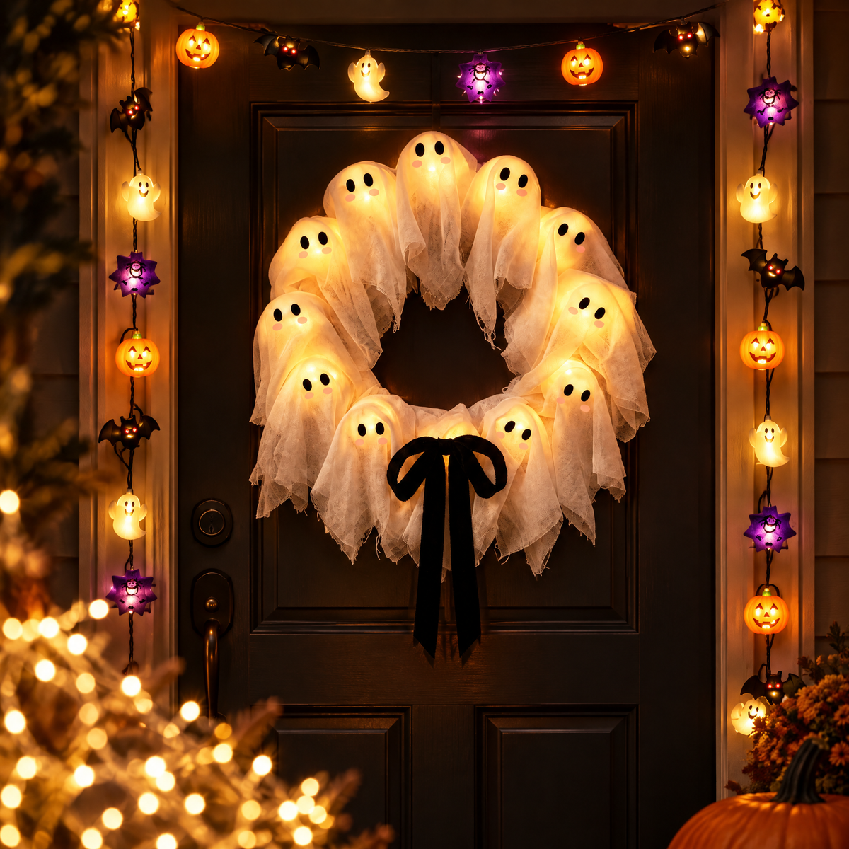 Front Porch Halloween Bundle close-up of the glowing ghost wreath and string lights on the door