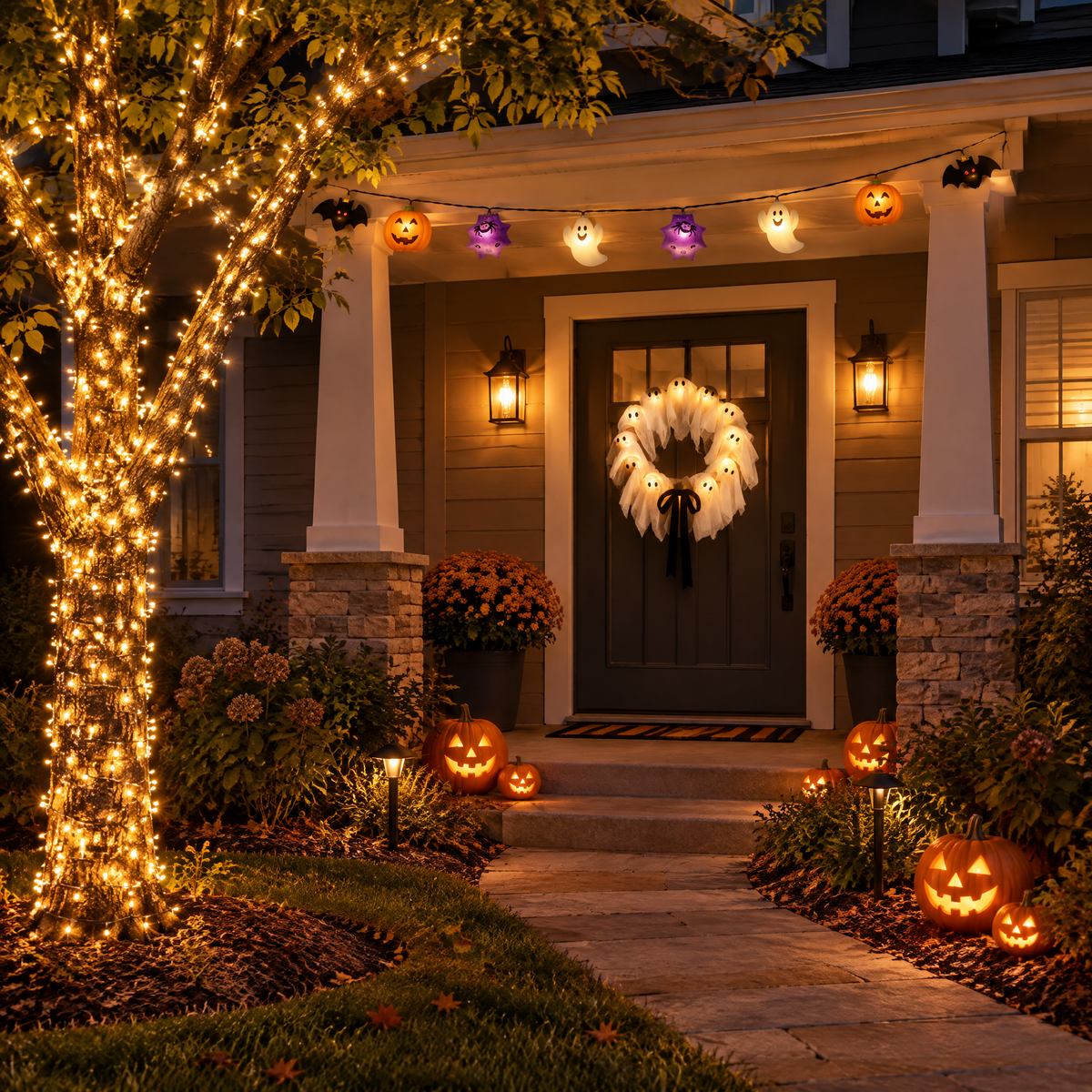 Front Porch Halloween Bundle on a house front with fairy lights in the yard tree