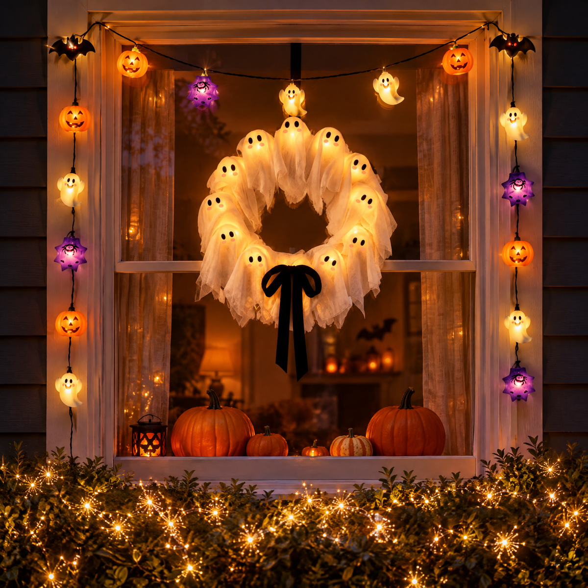 Front Porch Halloween Bundle in a front window at night