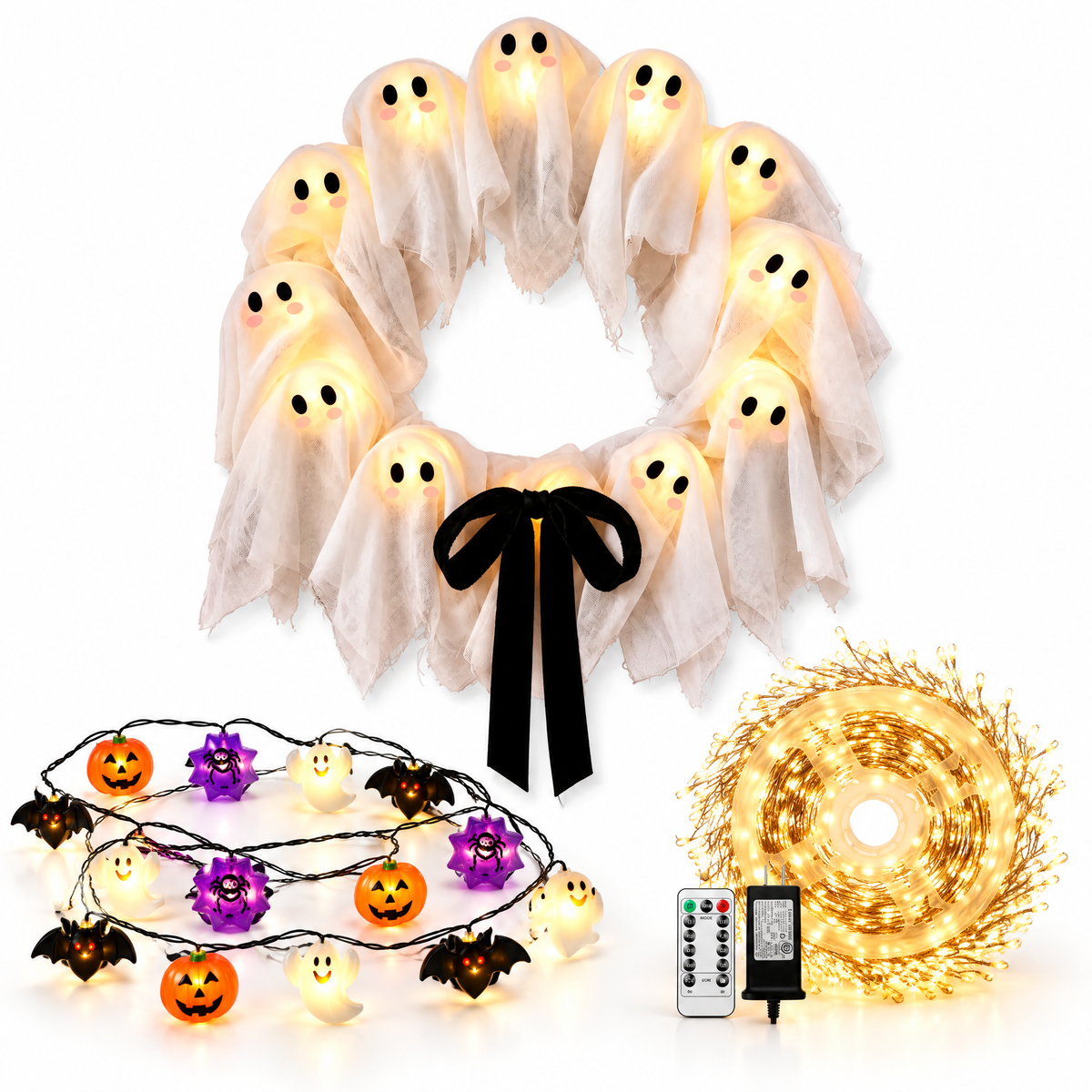 Front Porch Halloween Bundle on white background - light up ghost wreath, pumpkin and ghost string lights, warm white fairy lights