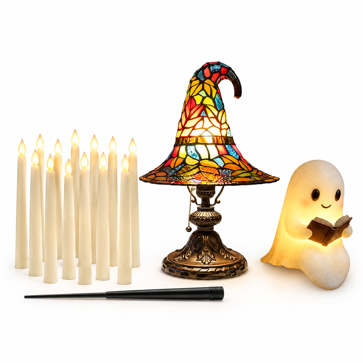 Witchy Night-In Halloween Bundle on white background - 12 floating candles with wand, stained glass witch hat lamp, ghost reading night light