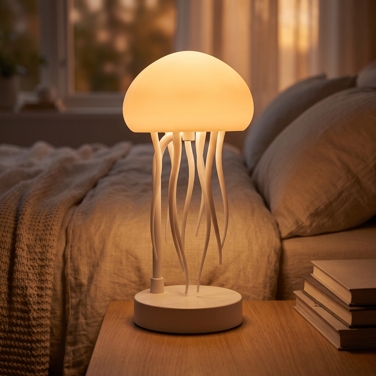 Jellyfish lamp - Jellyfish Lamp with Moving Tentacles glowing amber on a bedside table