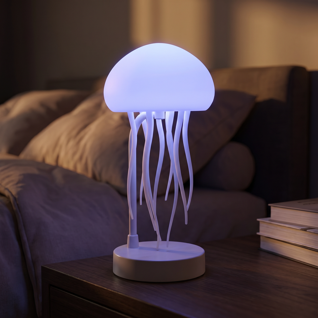 Jellyfish lamp - Jellyfish Lamp with Moving Tentacles glowing soft blue on a nightstand