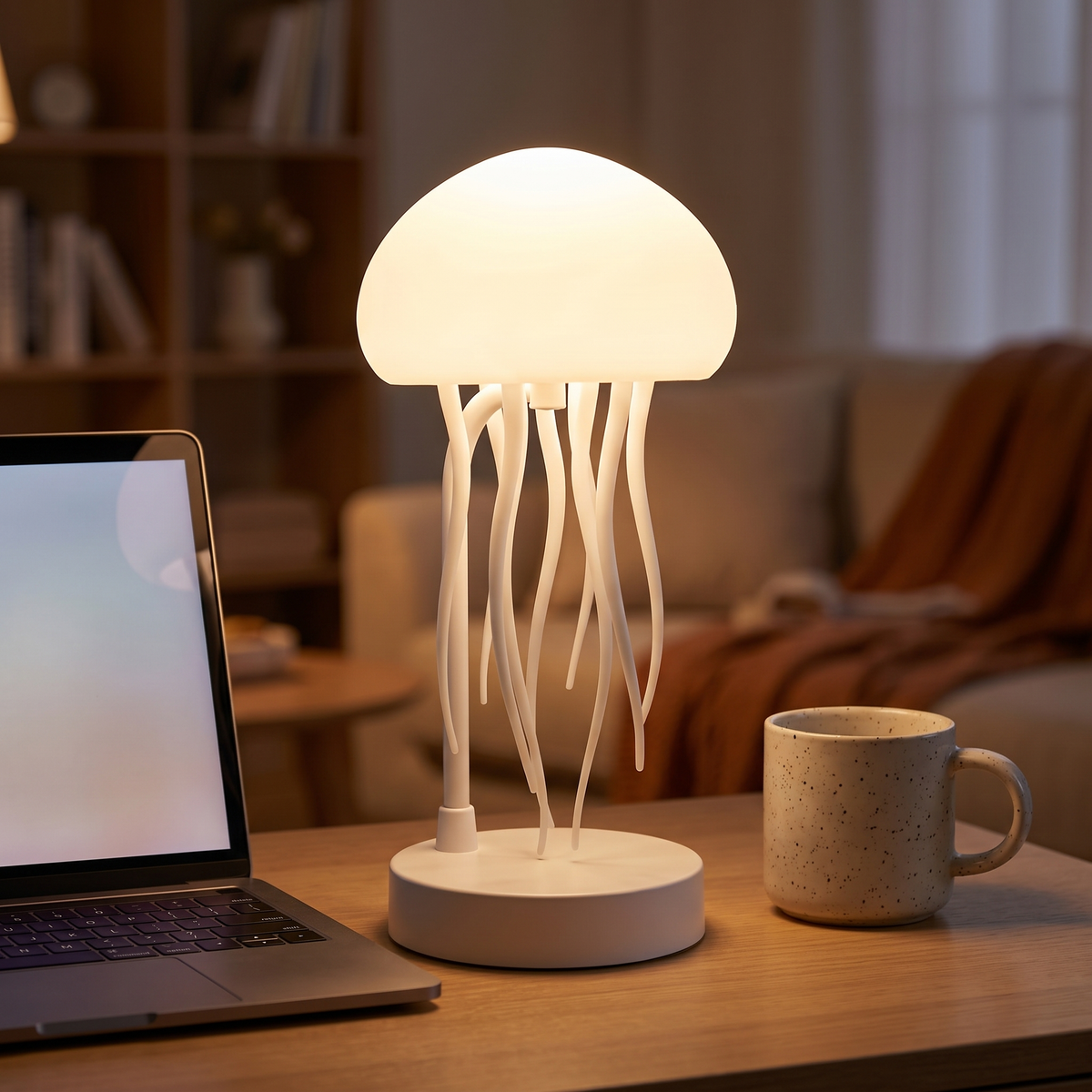 Jellyfish lamp - Jellyfish Lamp with Moving Tentacles on a desk beside a laptop and mug for scale