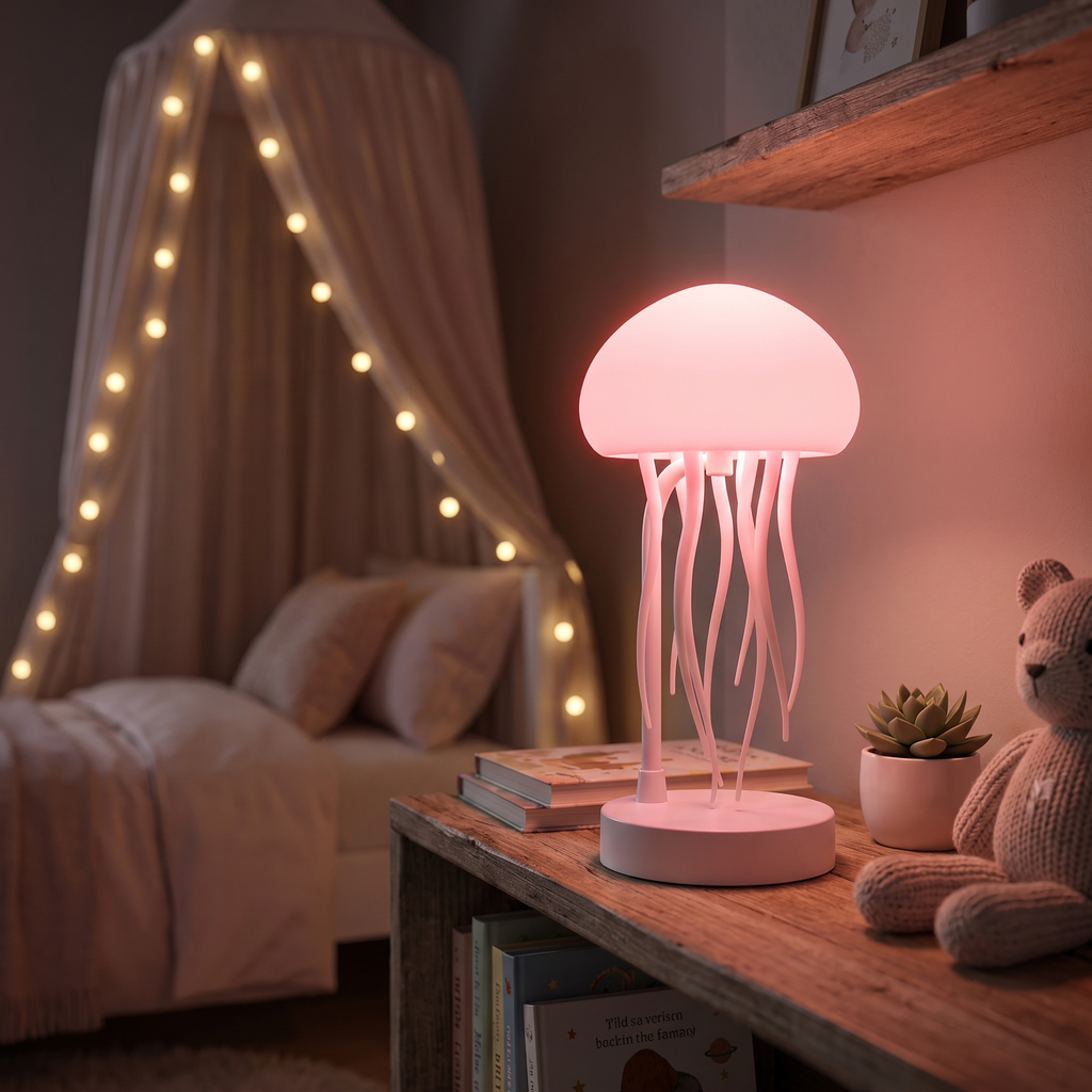 Jellyfish lamp - Jellyfish Lamp with Moving Tentacles glowing pink in a kids bedroom