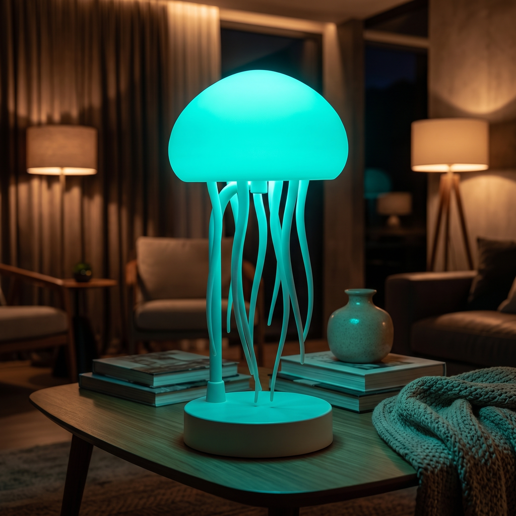 Jellyfish lamp - Jellyfish Lamp with Moving Tentacles glowing teal in a living room
