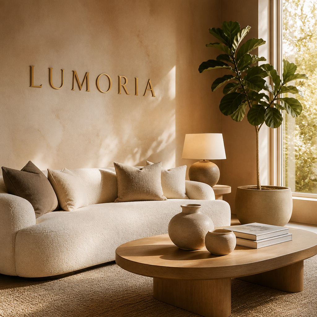 Lumoria living room with boucle sofa and brass LUMORIA wall lettering