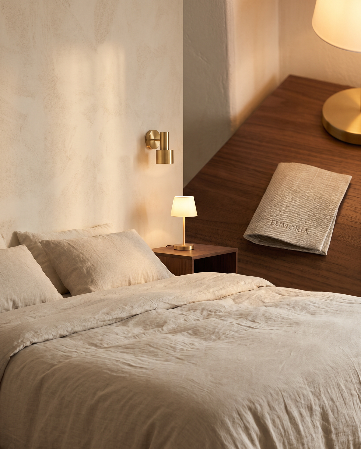Lumoria bedside lamp and wall sconce in a bedroom