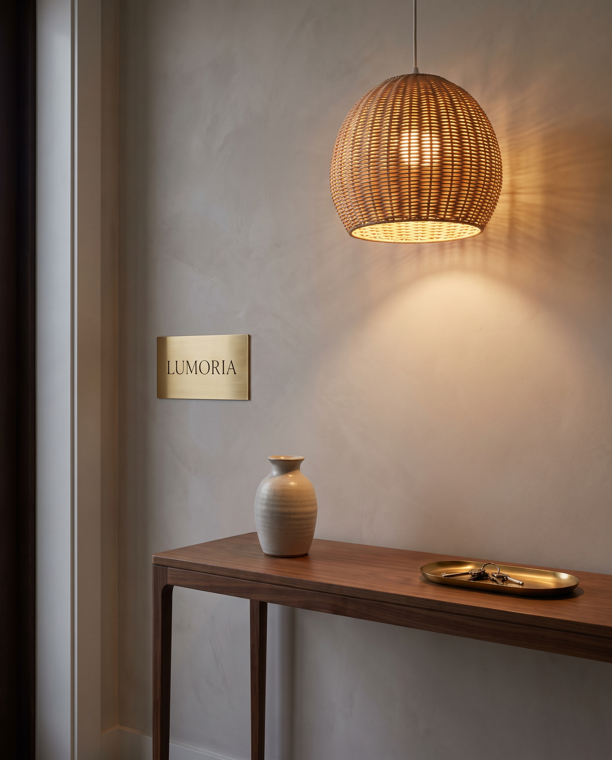Lumoria rattan pendant light over an entryway console
