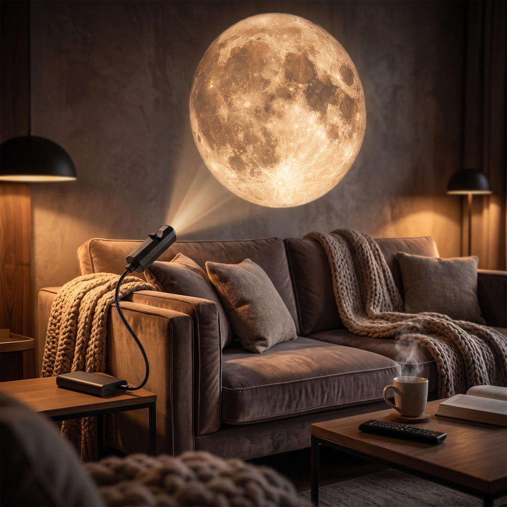 Moon projector - Moon and Planet Projector Light projecting a moon behind a sofa