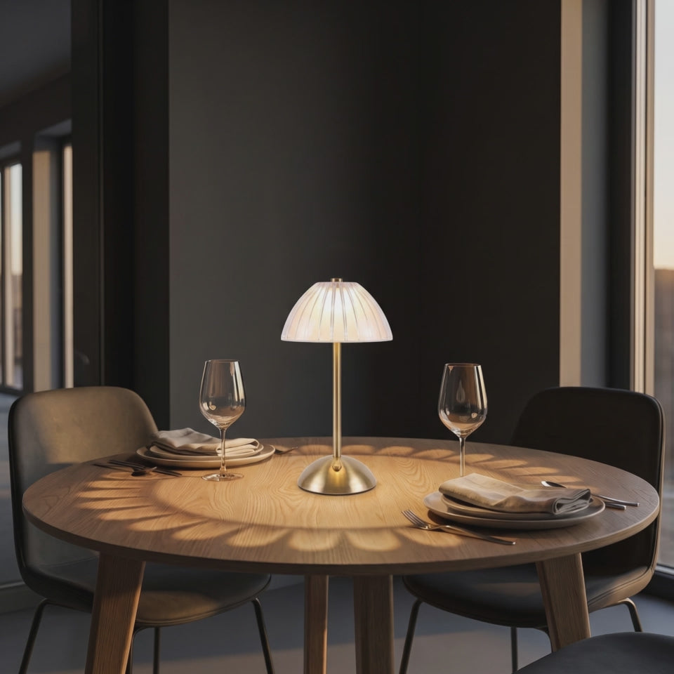 Ribbed Dome Cordless Table Lamp glowing on a dinner table (short video)