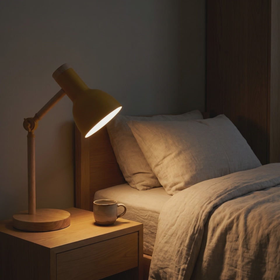 Scandinavian Wooden LED Desk Lamp lit on a bedside table (short video)