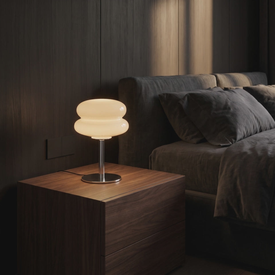Modern Glass Mushroom Table Lamp glowing on a bedside table (short video)
