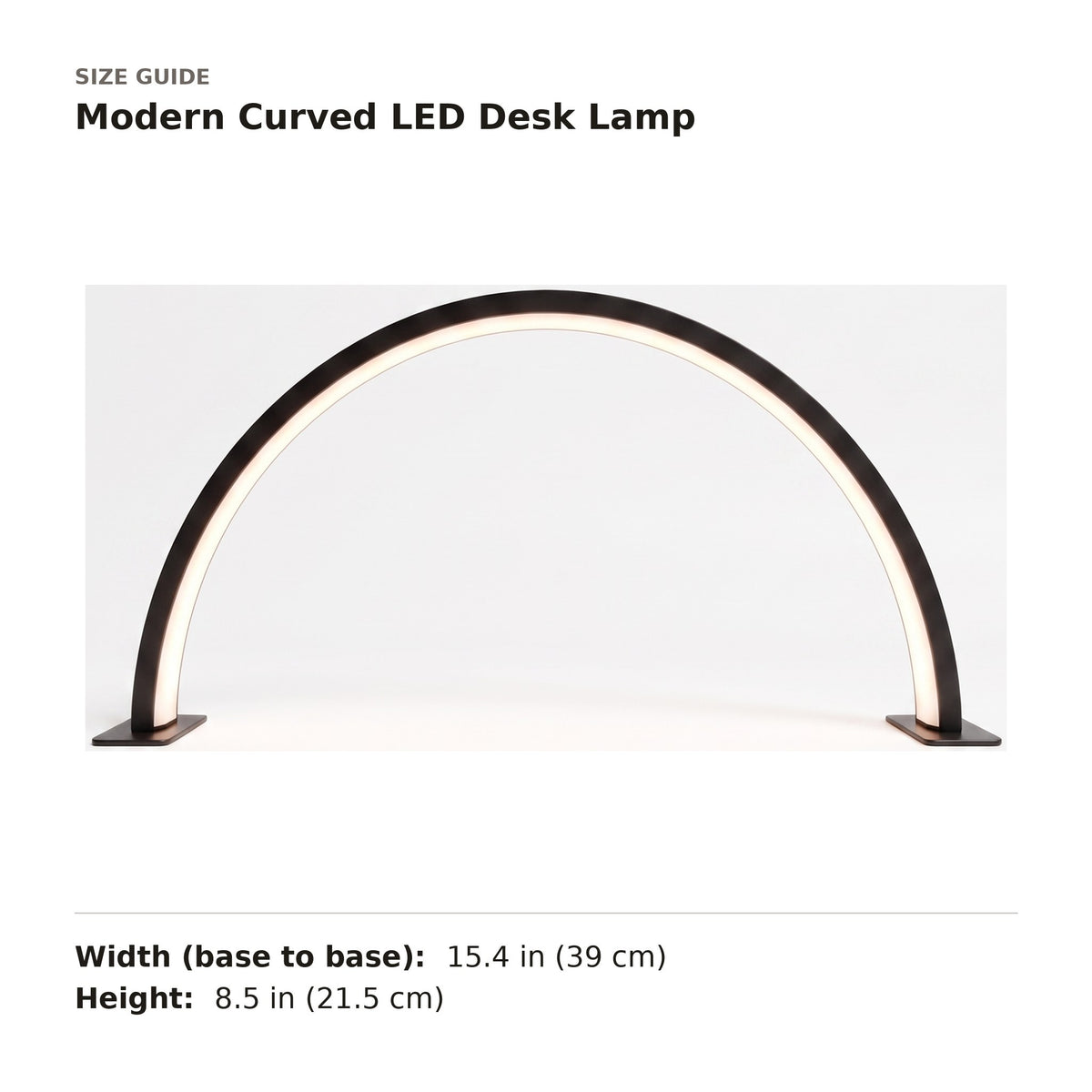 Modern Curved LED Desk Lamp size guide with dimensions