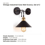 Vintage Industrial Cone Wall Sconce, Set of 2 size guide with dimensions
