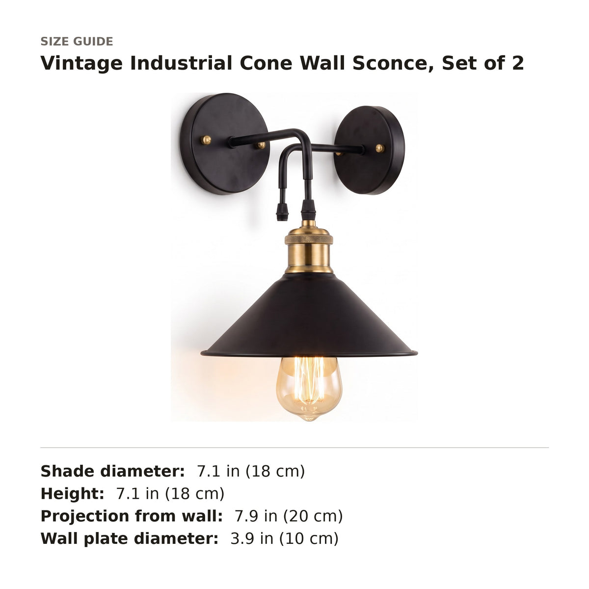 Vintage Industrial Cone Wall Sconce, Set of 2 size guide with dimensions