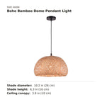 Boho Bamboo Dome Pendant Light size guide with dimensions