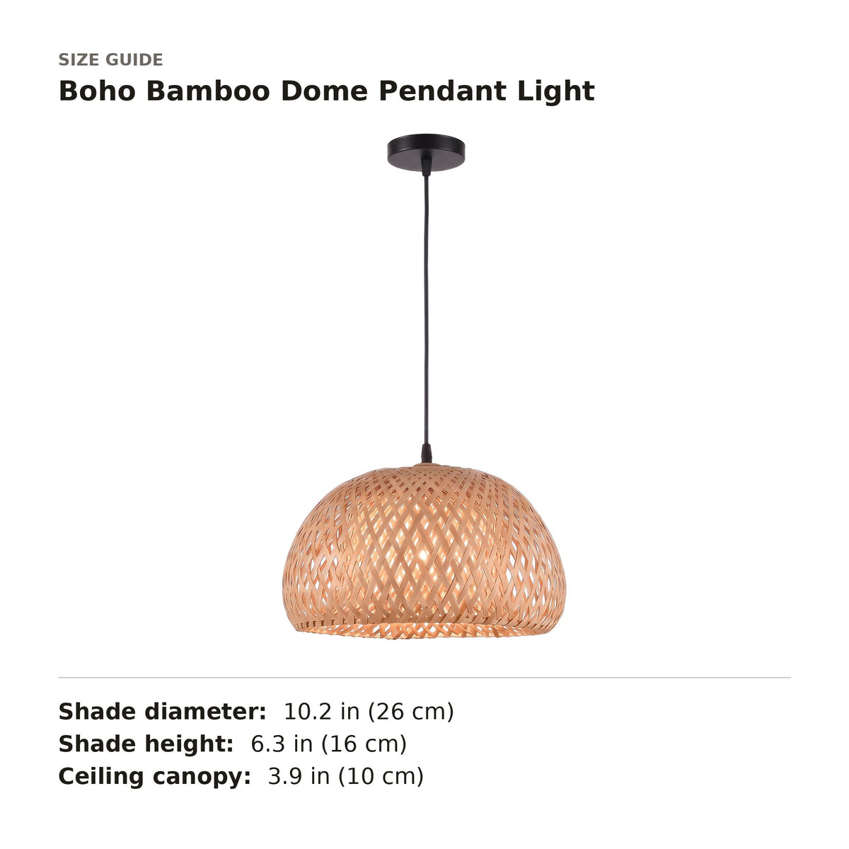 Boho Bamboo Dome Pendant Light size guide with dimensions